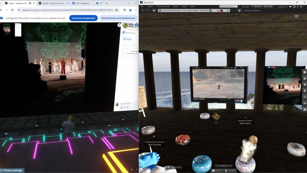 Zrzuty ekranu pokazujące, jak wyglądało oglądanie opery w metawersum. Stworzono wirtualne miejsca dla widowni