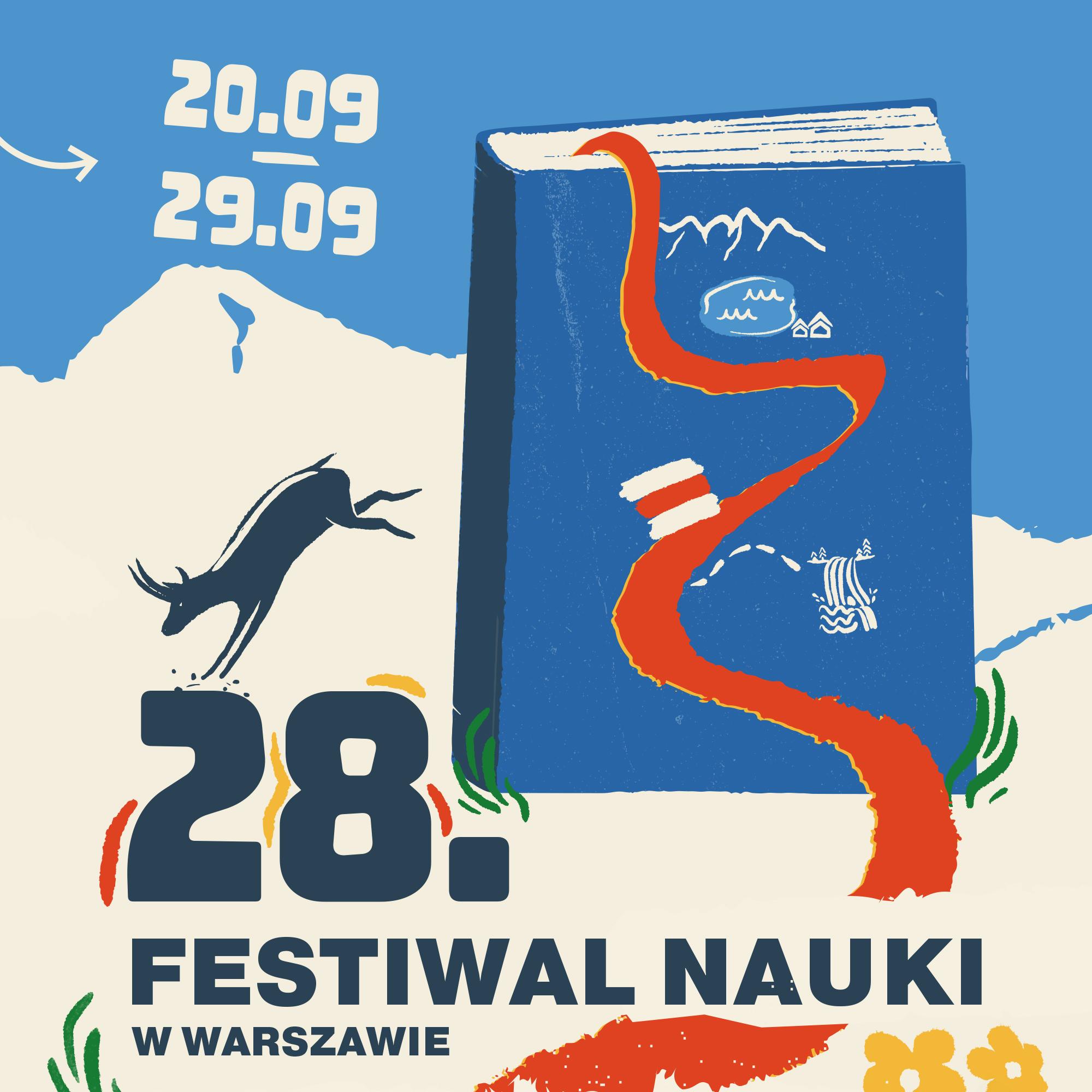 Grafika promocyjna 28. Festiwalu Nauki w Warszawie. Festiwal odbędzie się w dniach 20–29 września 2024