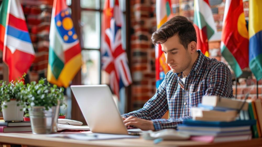 Mężczyzna pracujący na laptopie siedzący w gabinecie w otoczeniu flag różnych krajów